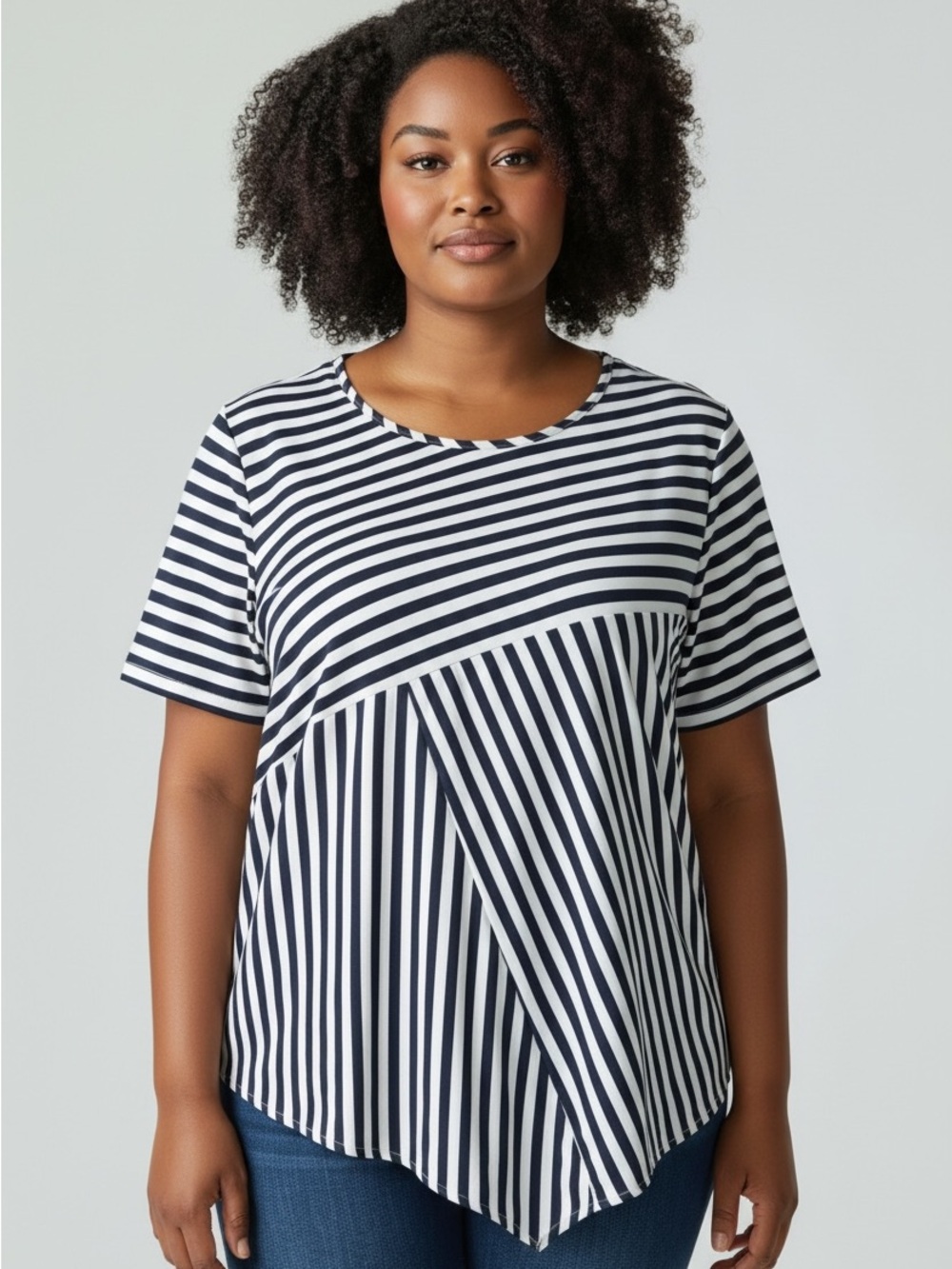 Women's Navy & White Striped Short-Sleeve Asymmetrical Hem Tee